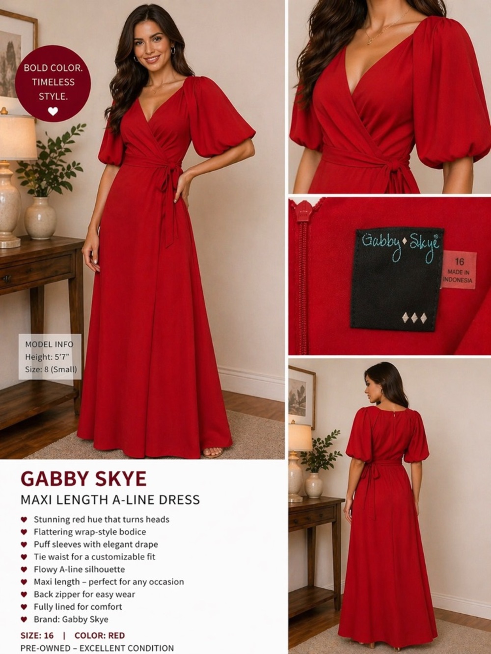Gabby Skye Bold Red Maxi Wrap Dress with Puff Sleeves